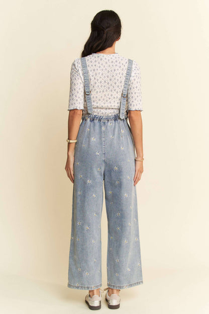 DAISY EMBROIDERED SIDE POCKET DENIM OVERALLS