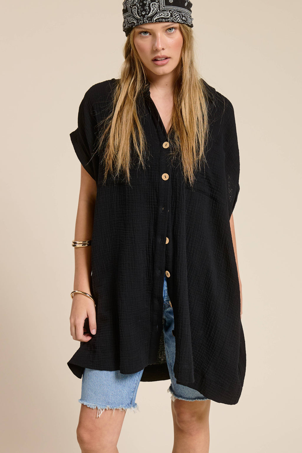 Cotton Gauze Button Down Shirt Dress