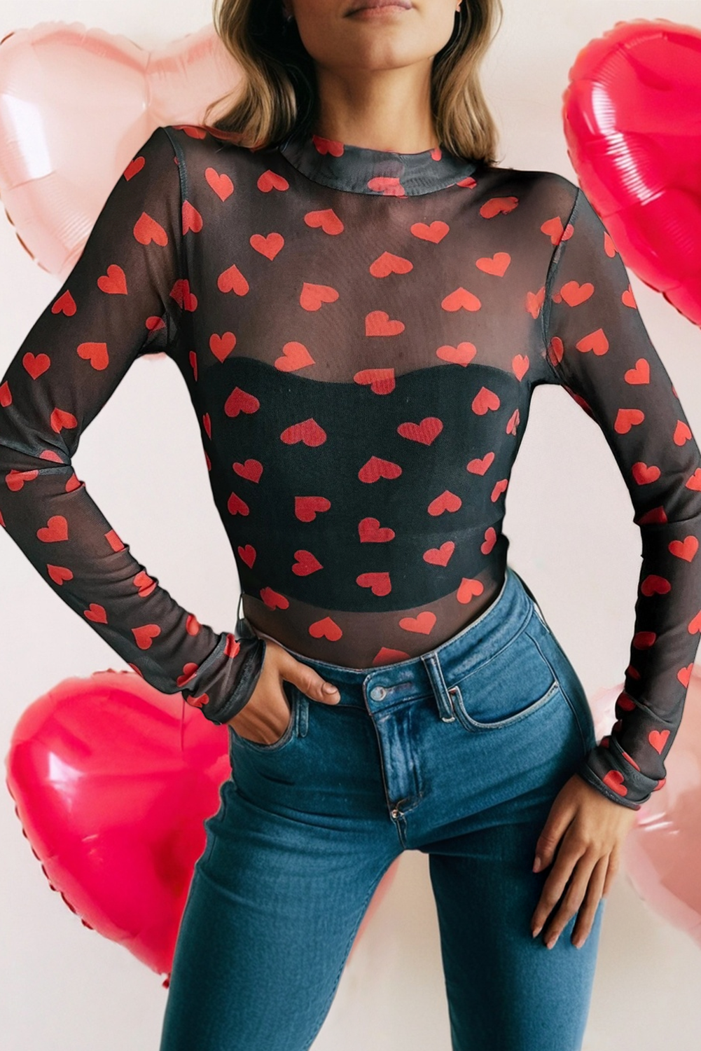 LDC Valentines Heart Mock Neck Sheer Mesh Long Sleeve Top
