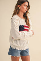 Cream USA Flag Distressed Lightweight Sweater