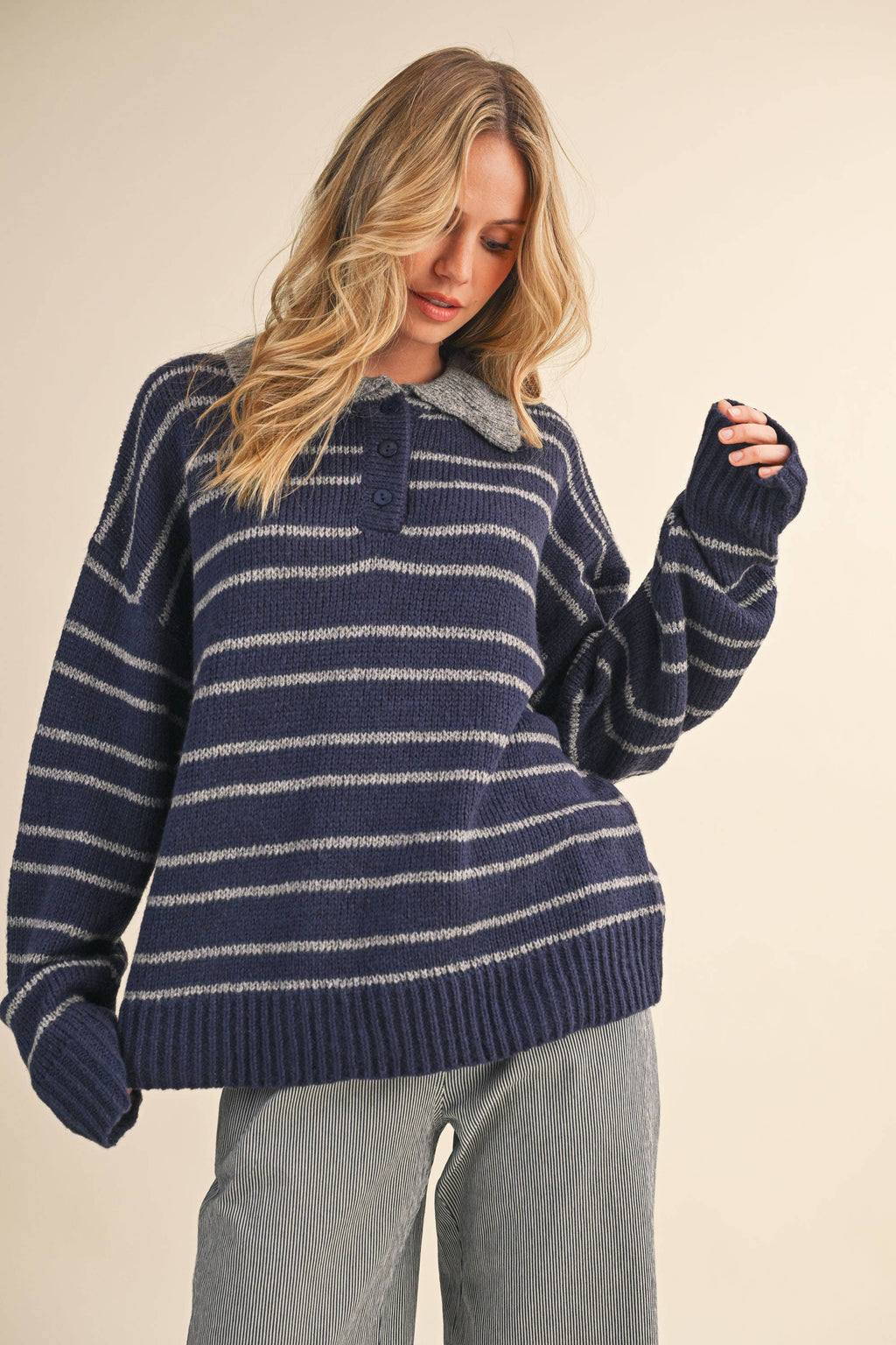 STRIPE SWEATER W/ COLLAR