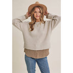 Country Road Layered Plaid Hem Twofer Sweater Top – Light Oatmeal