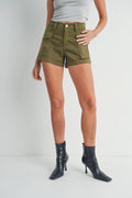  Olive cargo shorts with stretch fabric and functional pockets - front view