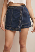 Braided Trim Denim Wrap Skort