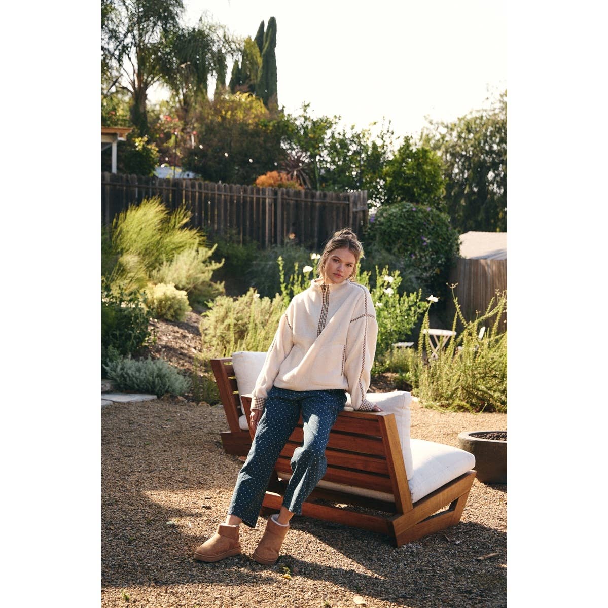 Cozy Cabin Gingham Trim Sherpa Fleece Half-Zip Pullover – Cream