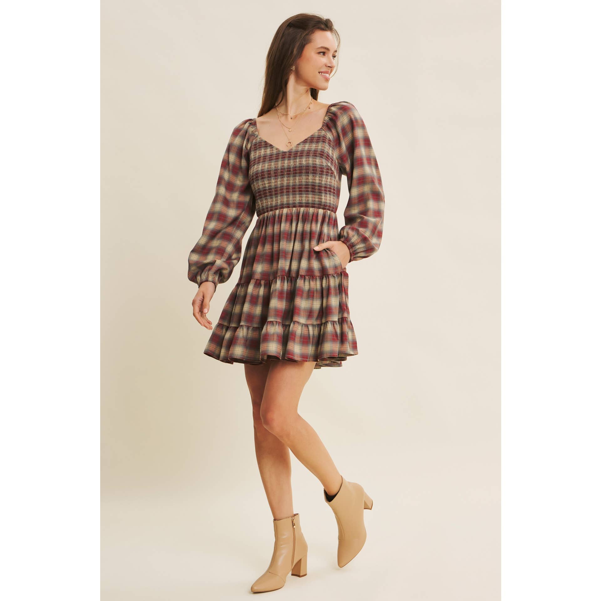 PLAID MINI SMOCKED DRESS WITH RUFFLES