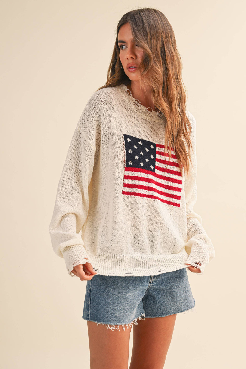 Cream USA Flag Distressed Lightweight Sweater
