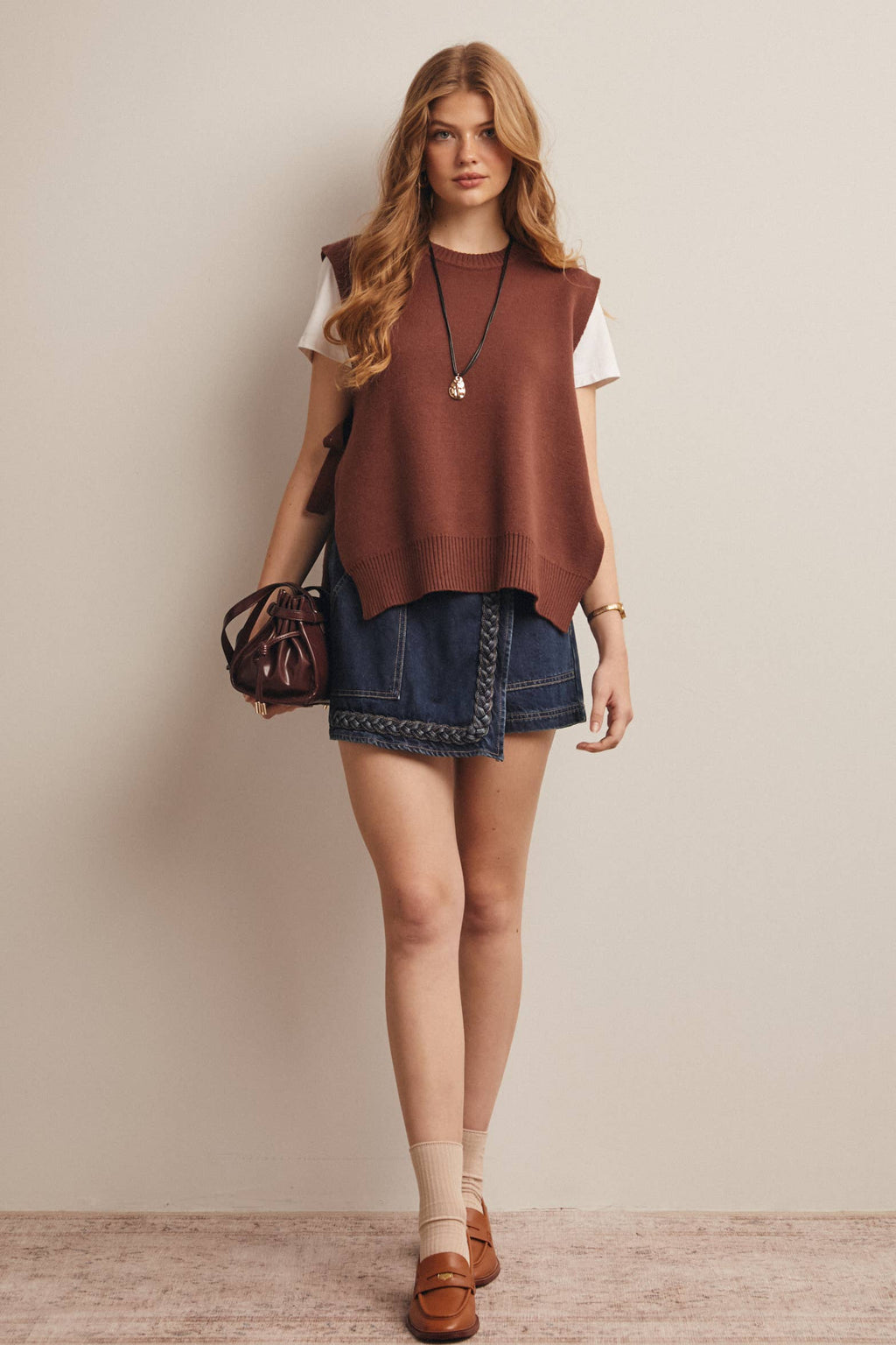 Braided Trim Denim Wrap Skort