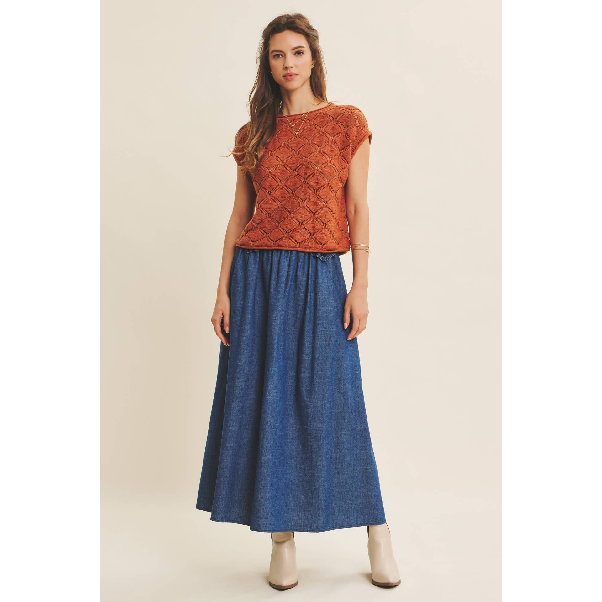 TIMELESS TEXTURED COTTON CABLE KNITTED SWEATER TOP