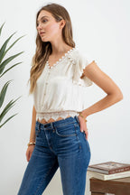 SCALLOP LACE TRIM BACK TIE SHORT SLEEVE CROP TOP