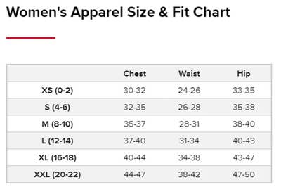 Women's Apparel Size & Fit Chart with chest, waist, and hip measurements.