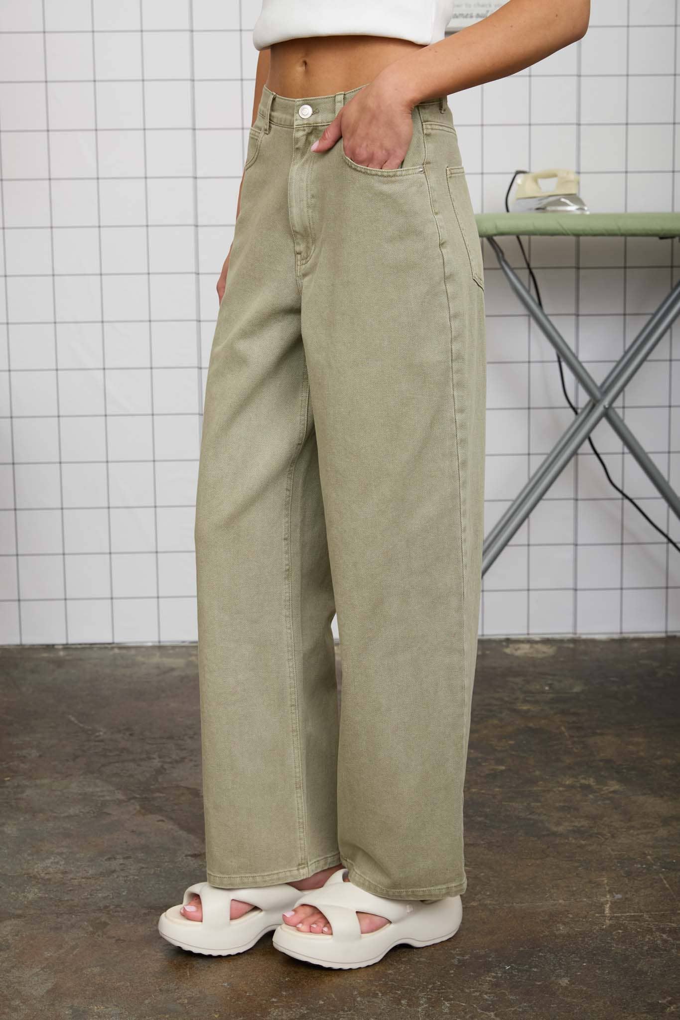 Washed Light Olive Wide Leg Jeans
