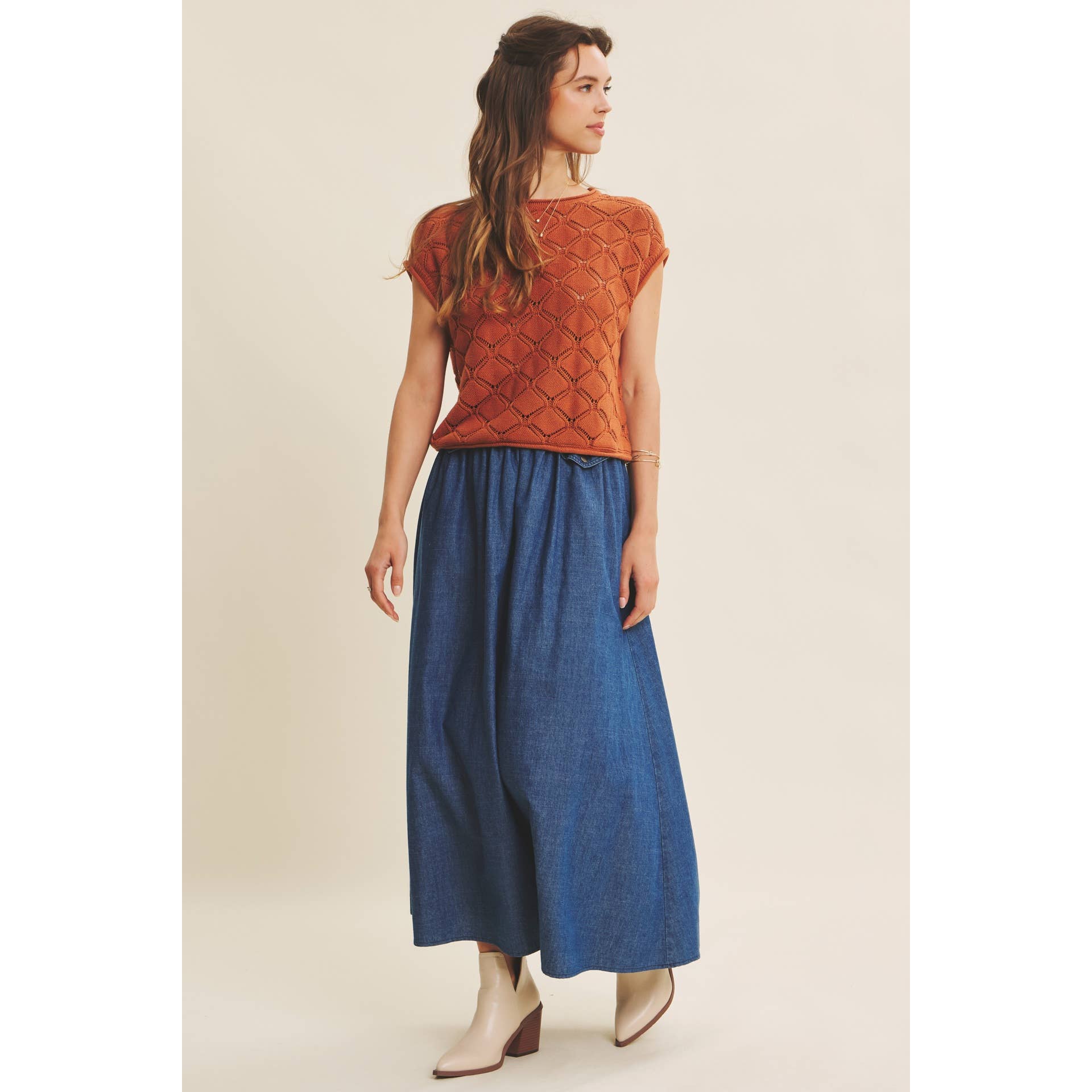 TIMELESS TEXTURED COTTON CABLE KNITTED SWEATER TOP