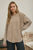 Boxy Textured Long Sleeve Washed Knit Top