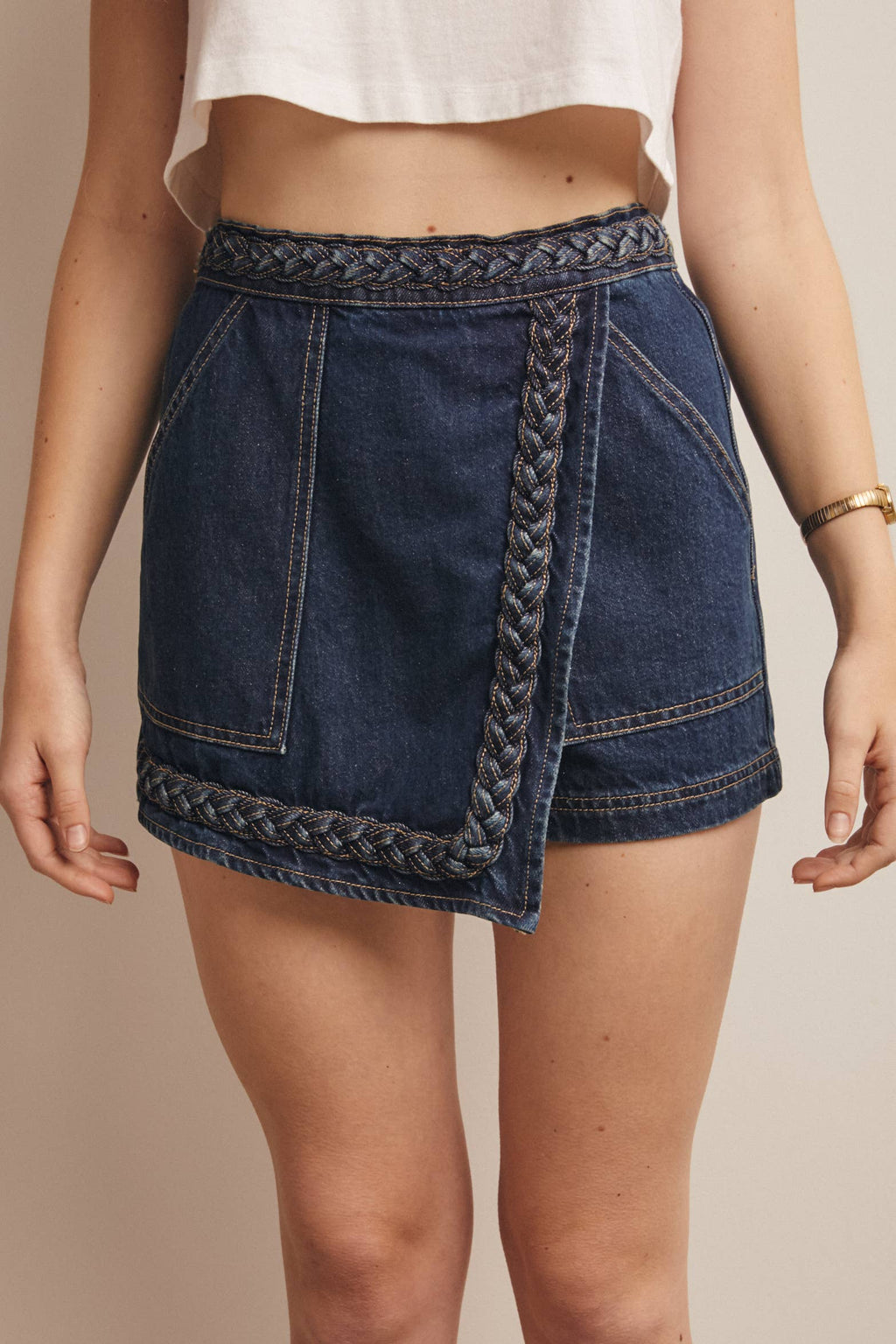 Braided Trim Denim Wrap Skort