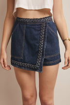 Braided Trim Denim Wrap Skort