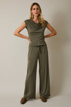 Cowl Neck Cap Sleeve Top - Draped Neckline Blouse