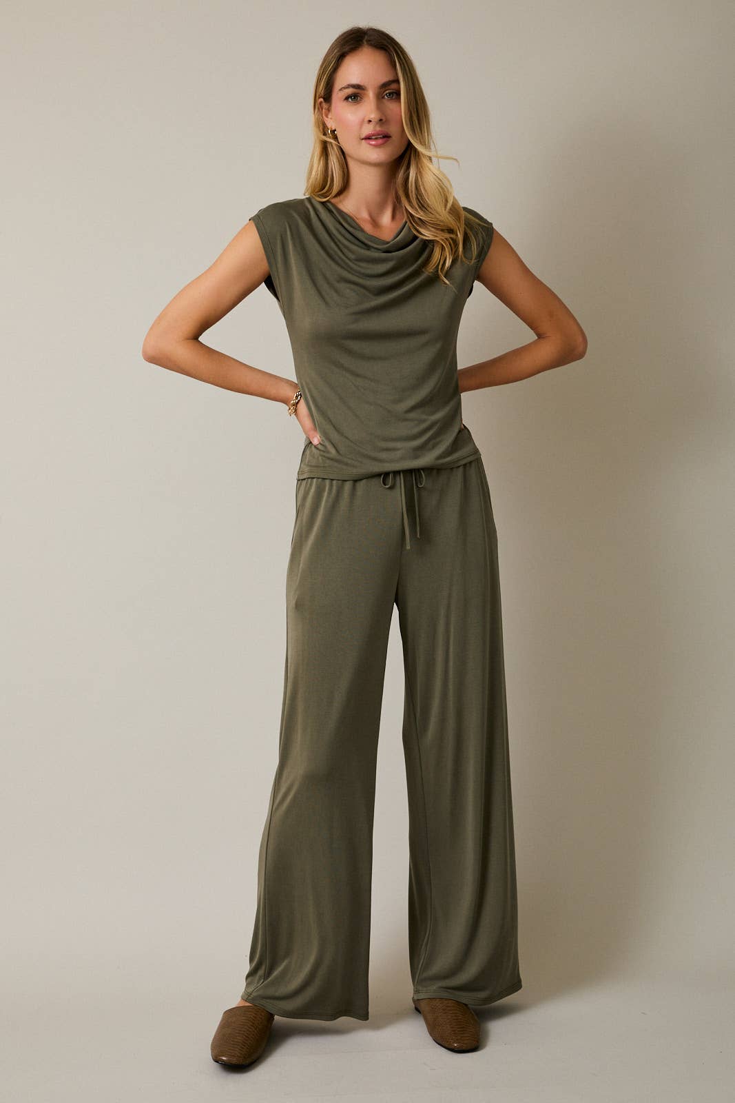 Cowl Neck Cap Sleeve Top - Draped Neckline Blouse