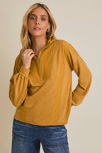 Long Sleeve Half Zip Reverse Fabric Contrast Top – Mustard