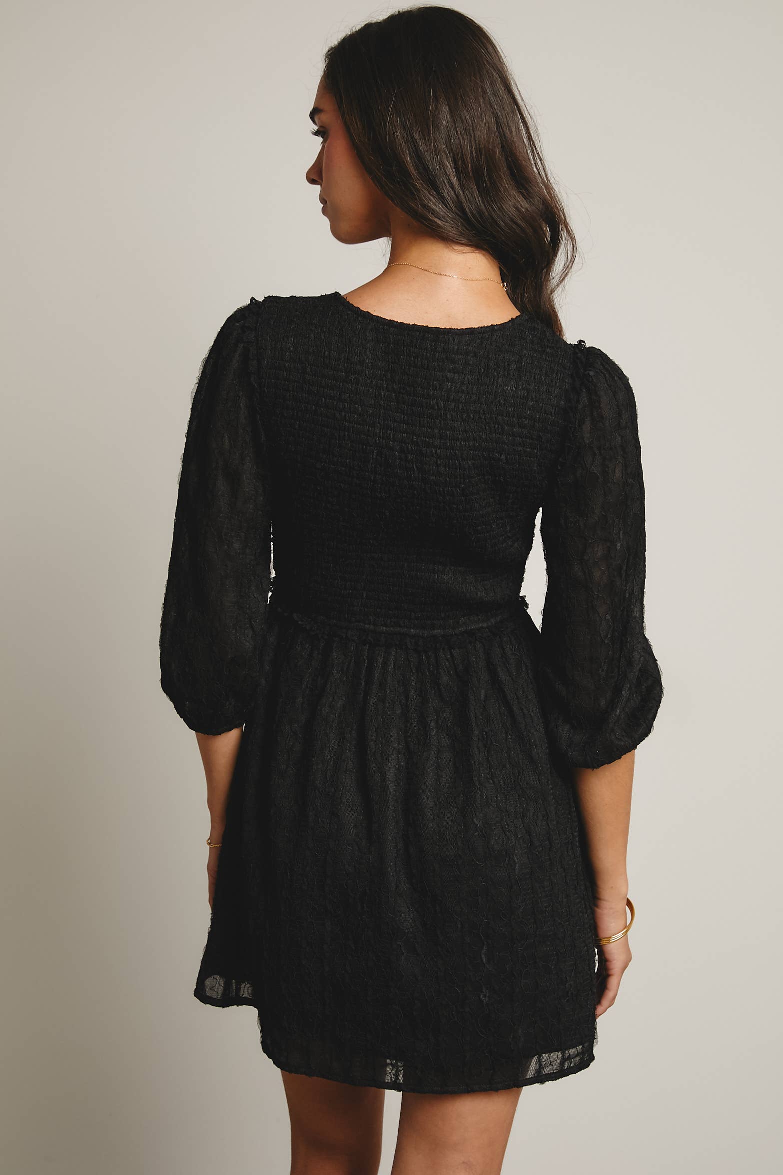Textured Lace Puff Sleeve Mini Dress