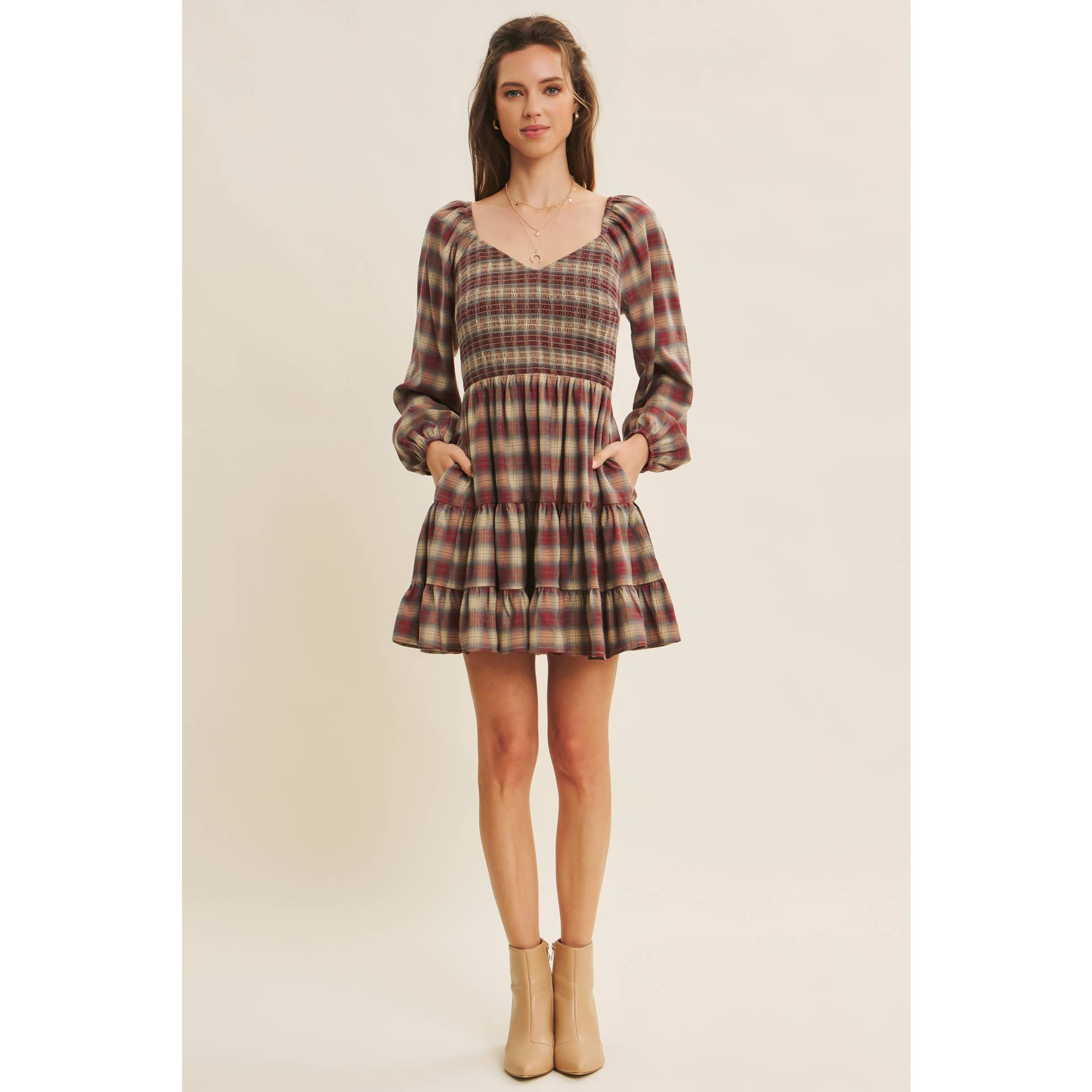 PLAID MINI SMOCKED DRESS WITH RUFFLES
