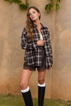 Plaid Collared Long Sleeve Button-Down Top – Chocolate Brown