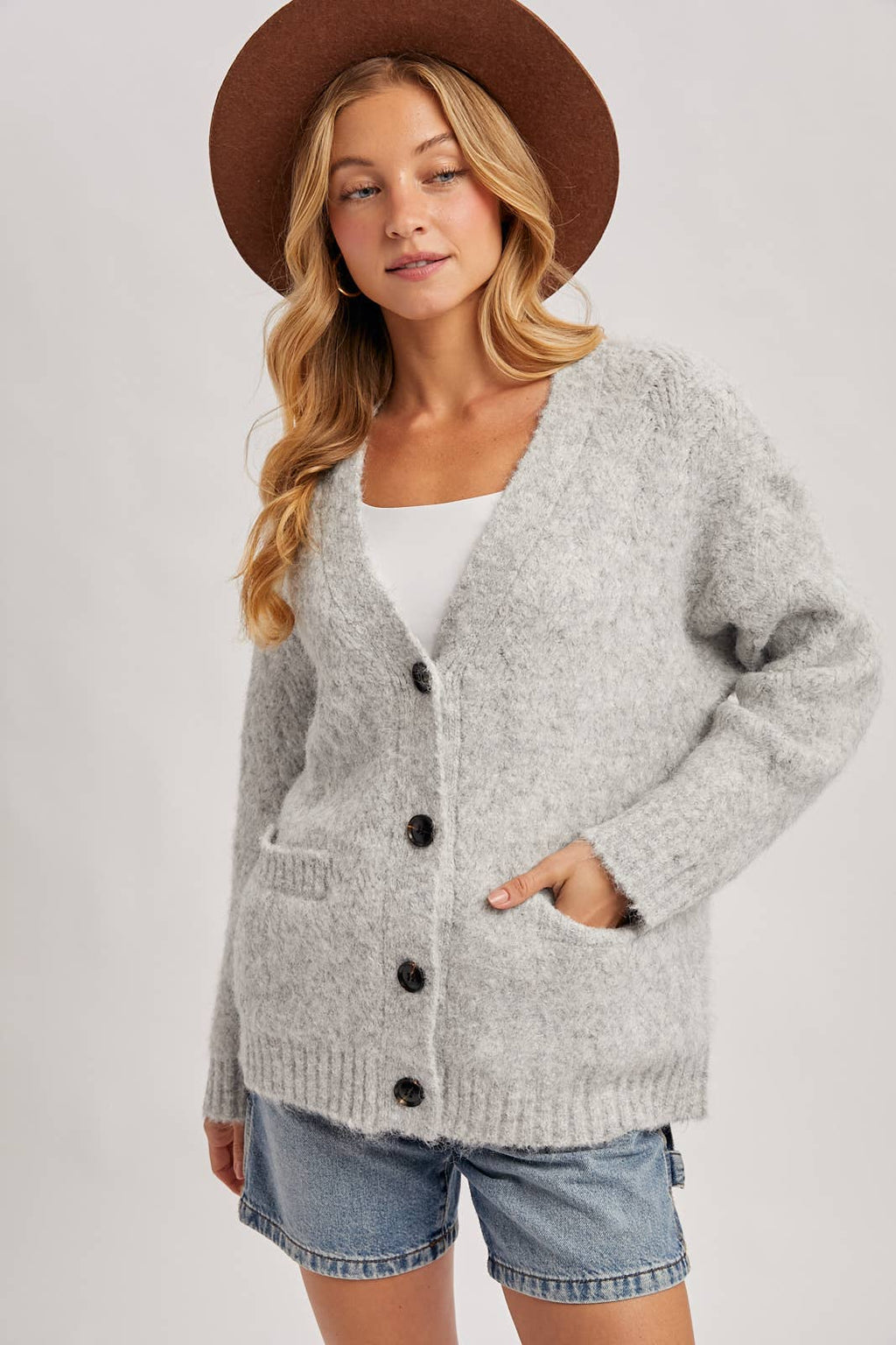 Button Down Fuzzy Heathered Knit Sweater Cardigan