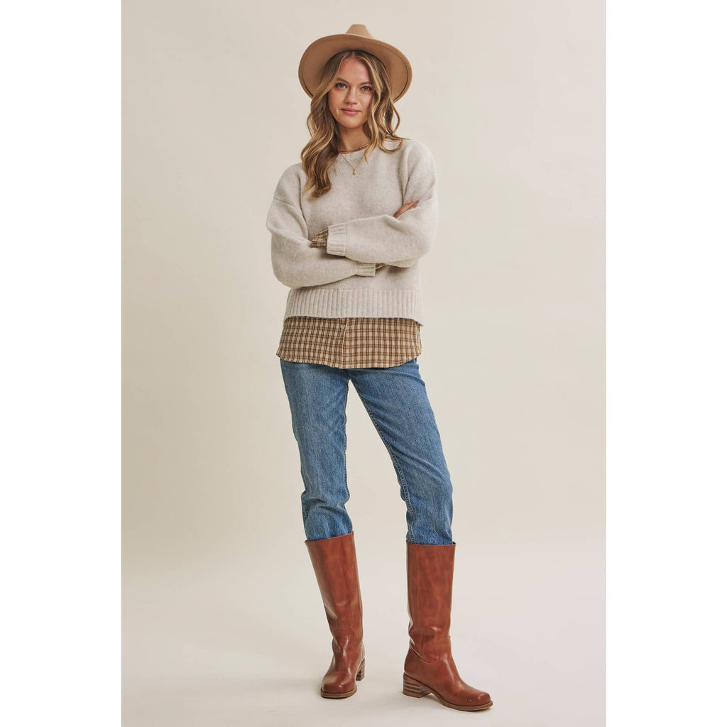 Country Road Layered Plaid Hem Twofer Sweater Top – Light Oatmeal