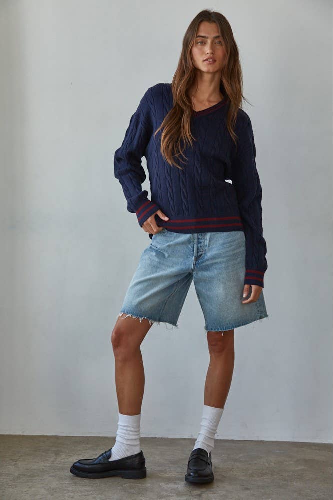 Knit Cable Sweater V-Neck Long Sleeve Pullover Top