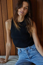 Knit Sweater Crew Neck Sleeveless Crop Top