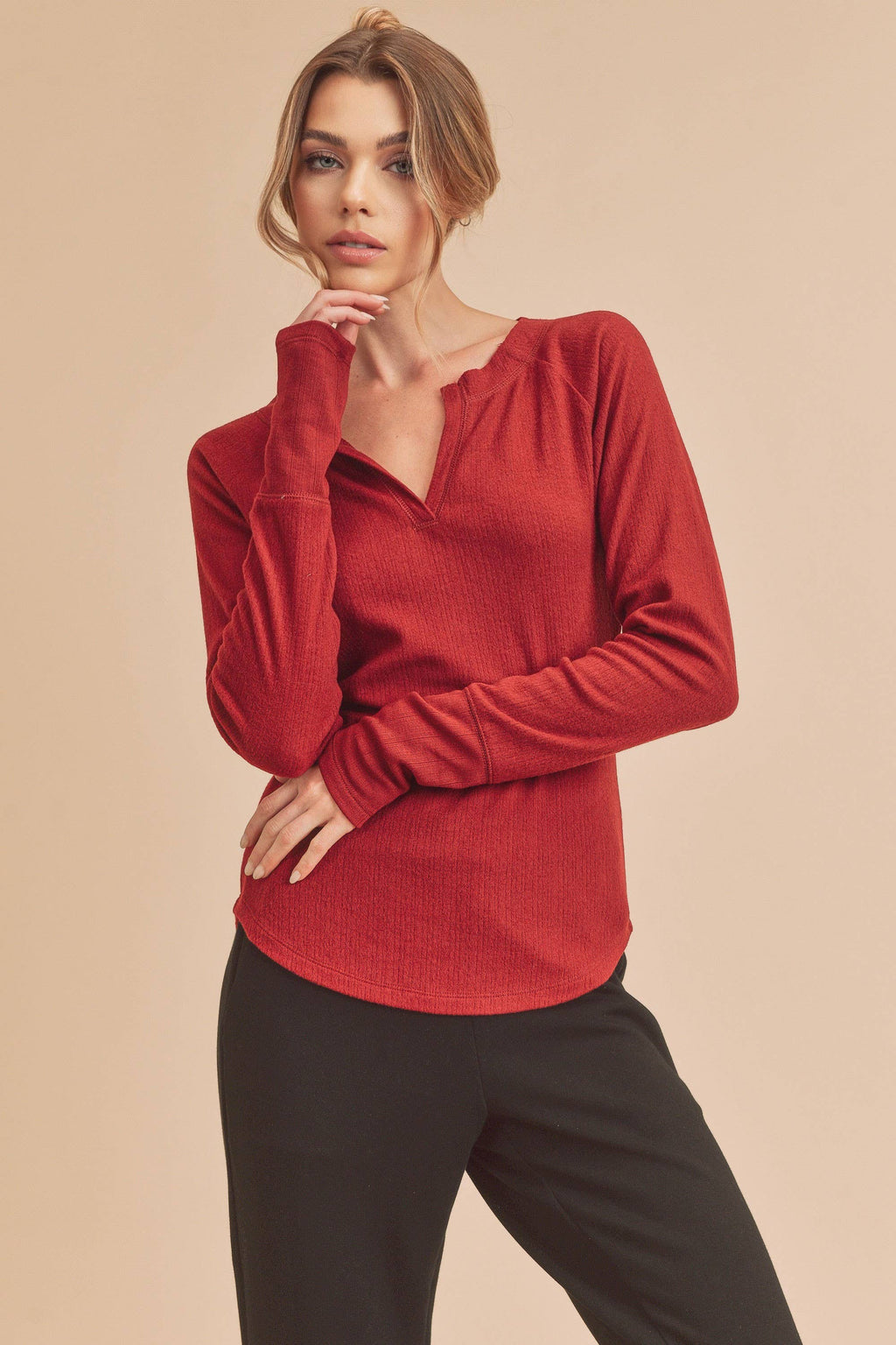 Lori Ribbed Notched V-Neck Top