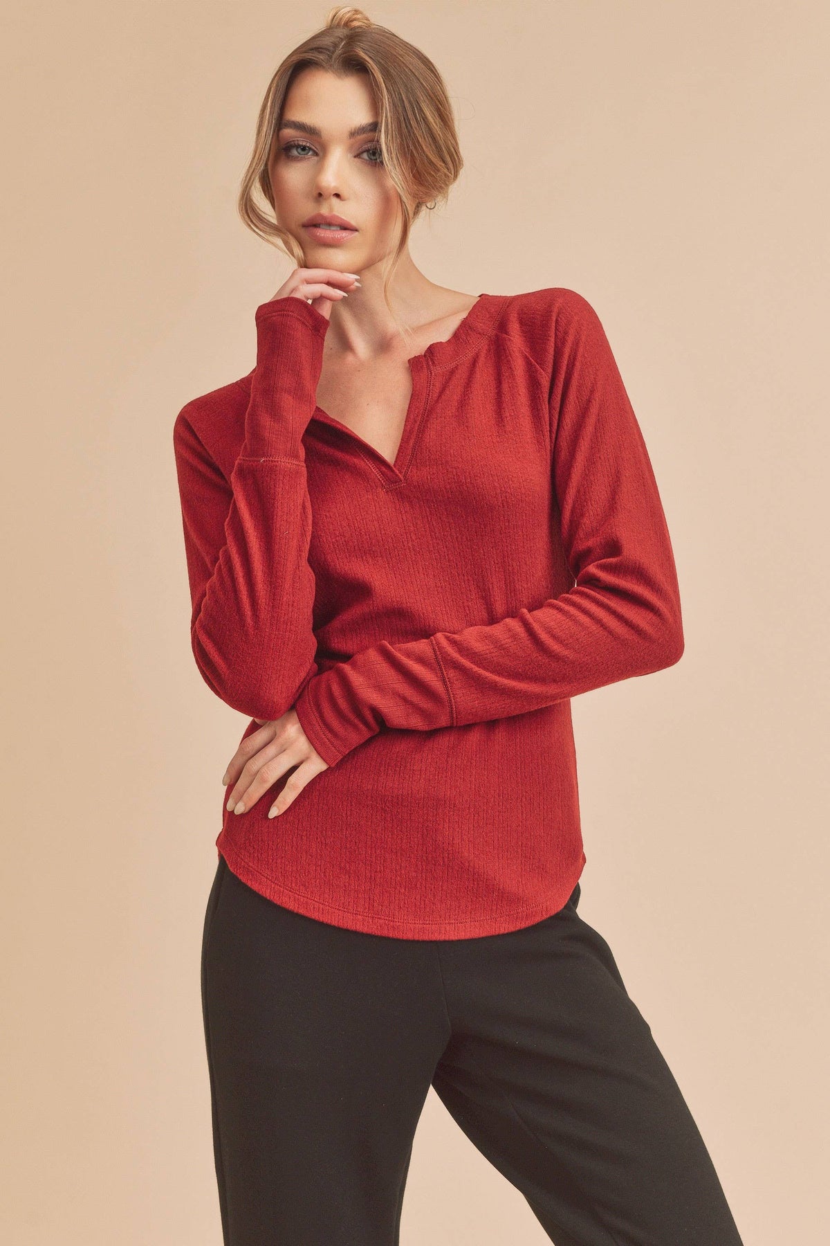 Lori Ribbed Notched V-Neck Top