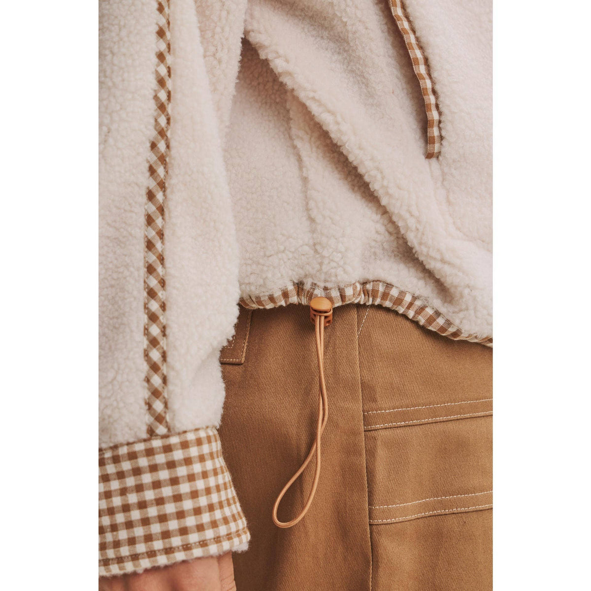 Cozy Cabin Gingham Trim Sherpa Fleece Half-Zip Pullover – Cream
