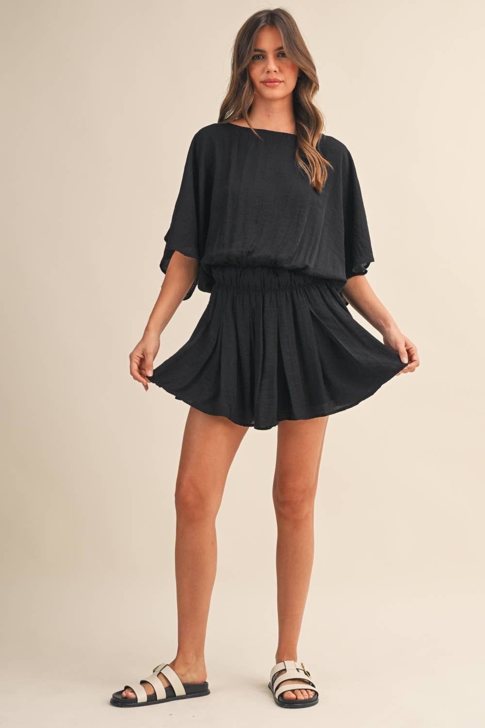 Black Crinkle Short Sleeve Romper