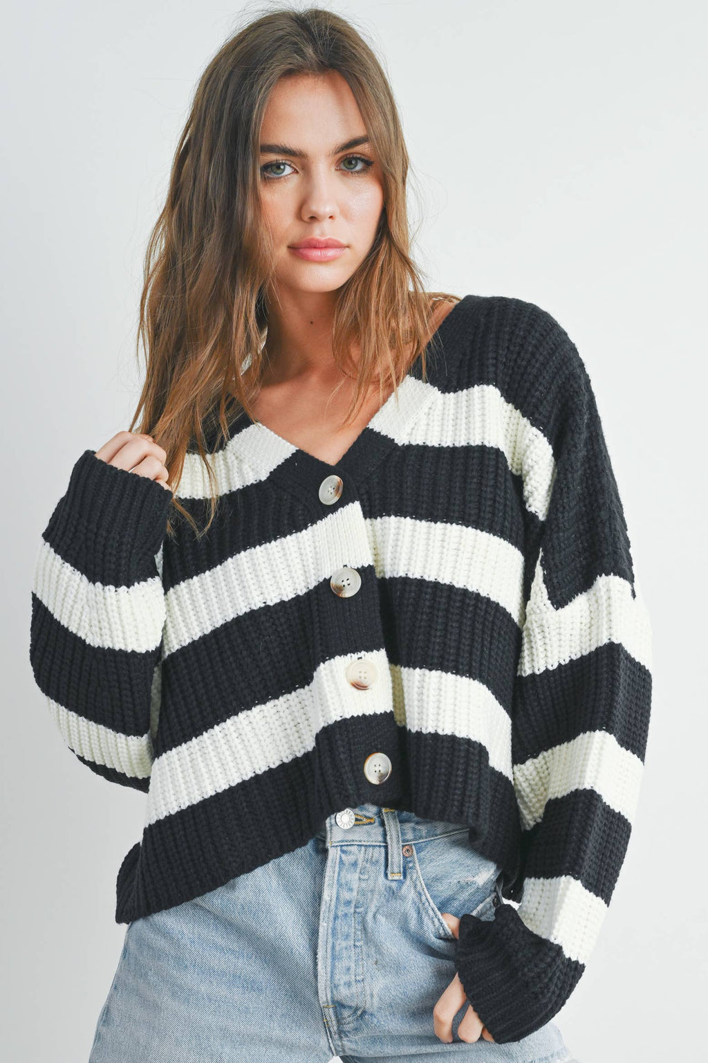 Striped V-Neck Cardigan with Buttons