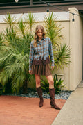 Plaid & Lace Hem Button-Down Shirt – Blue/Brown