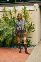 Plaid & Lace Hem Button-Down Shirt – Blue/Brown