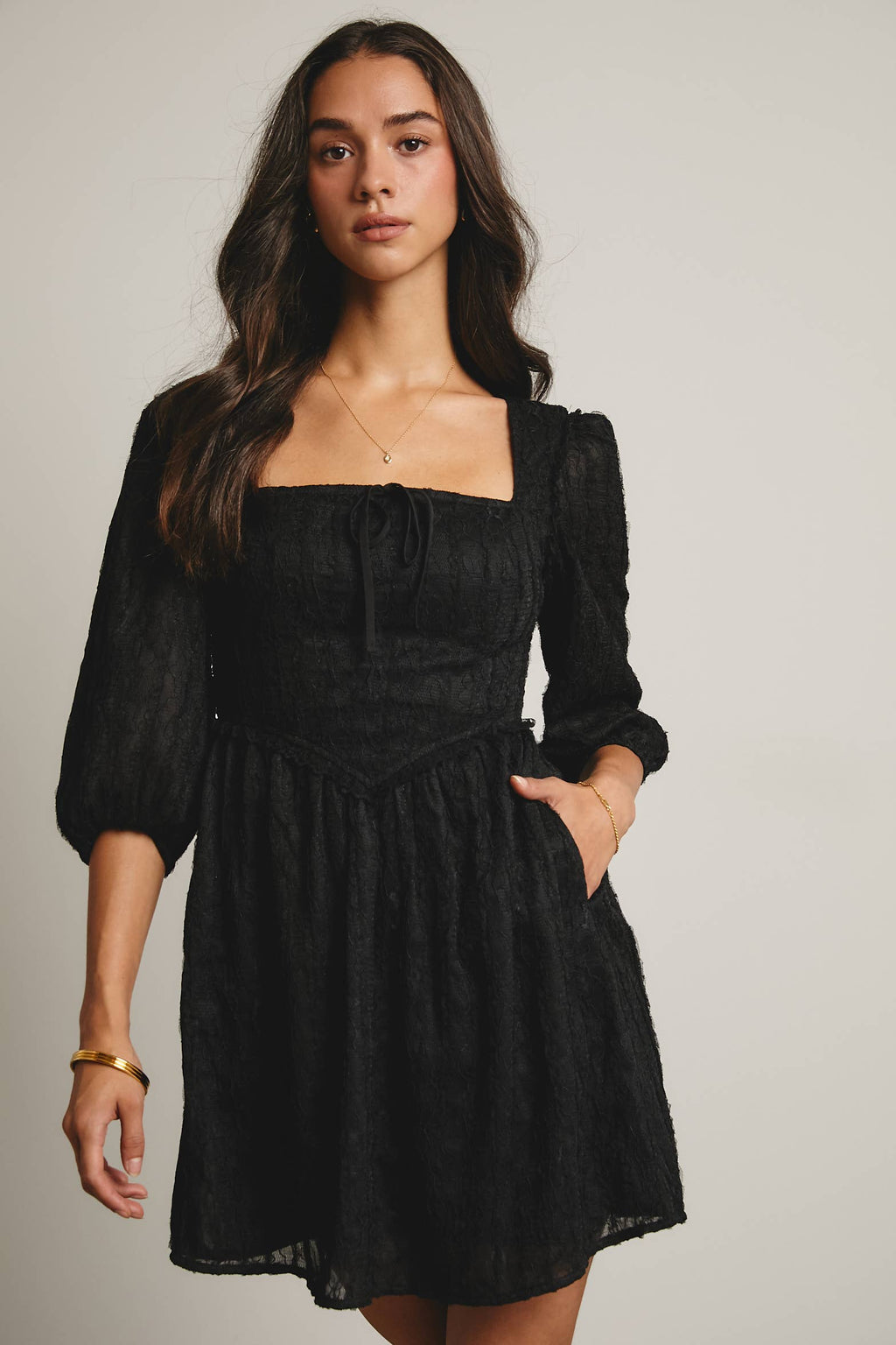 Textured Lace Puff Sleeve Mini Dress