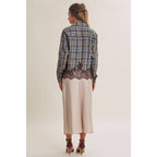 Plaid & Lace Hem Button-Down Shirt – Blue/Brown