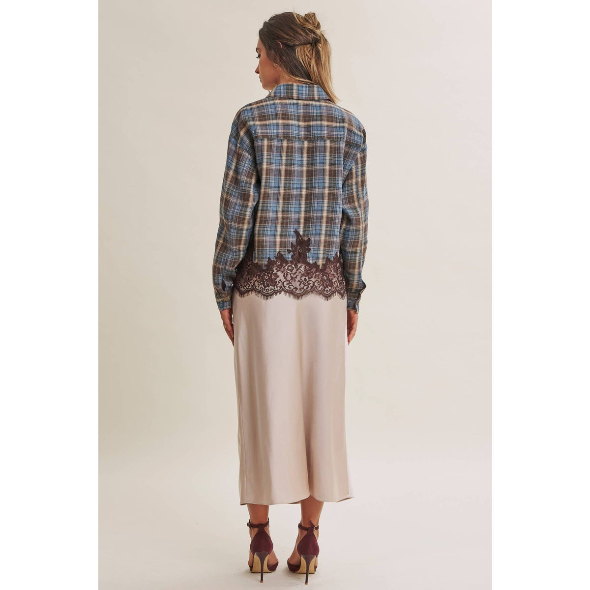 Plaid & Lace Hem Button-Down Shirt – Blue/Brown