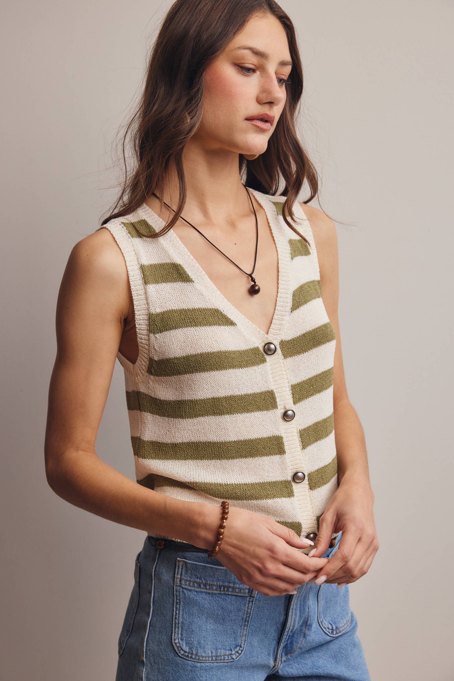 Striped Button-Front Knit Vest Top - Sleeveless Layering Sweater