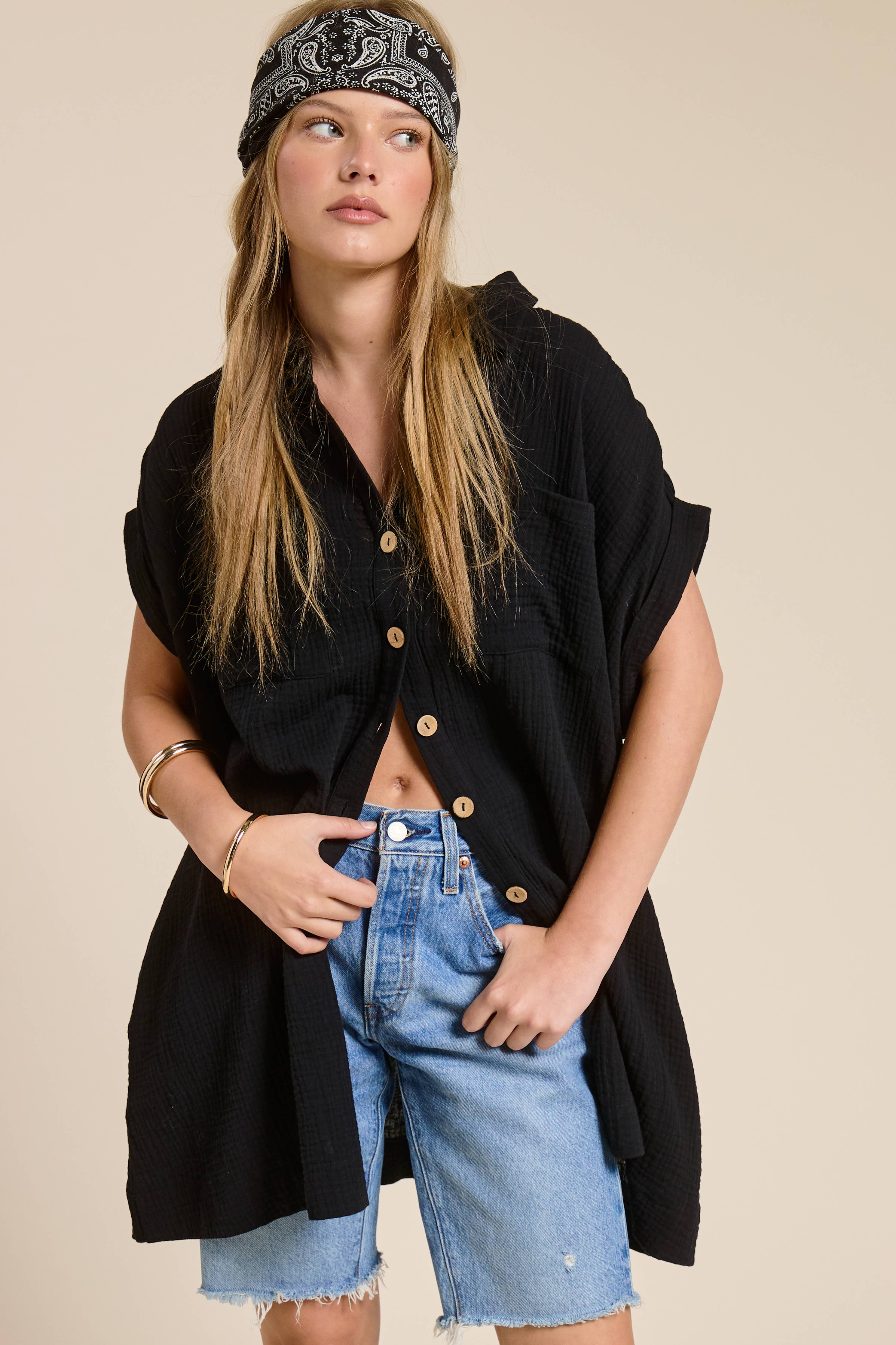 Cotton Gauze Button Down Shirt Dress