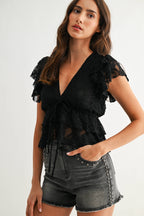 Black Lace Ruffled Semi-Sheer Blouse