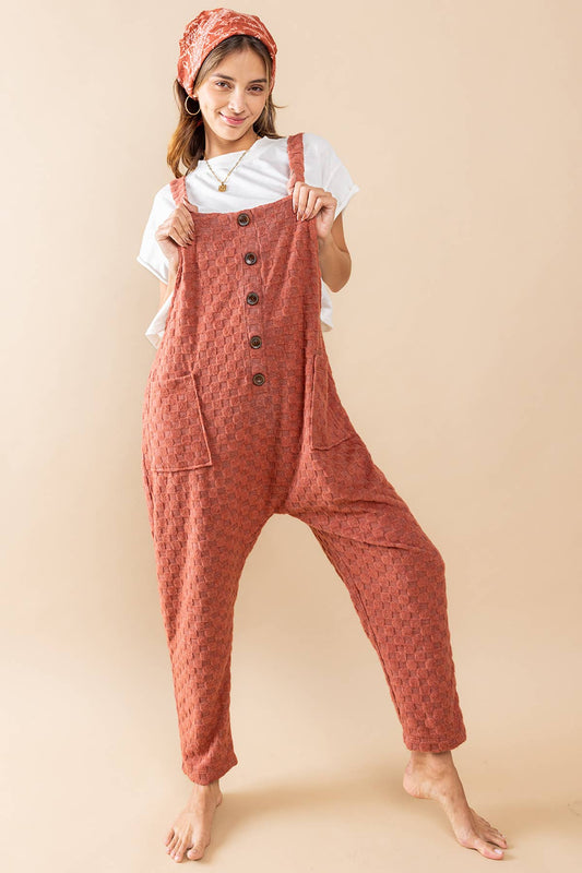 Checkered Knit Button Front Overall Jumpsuit