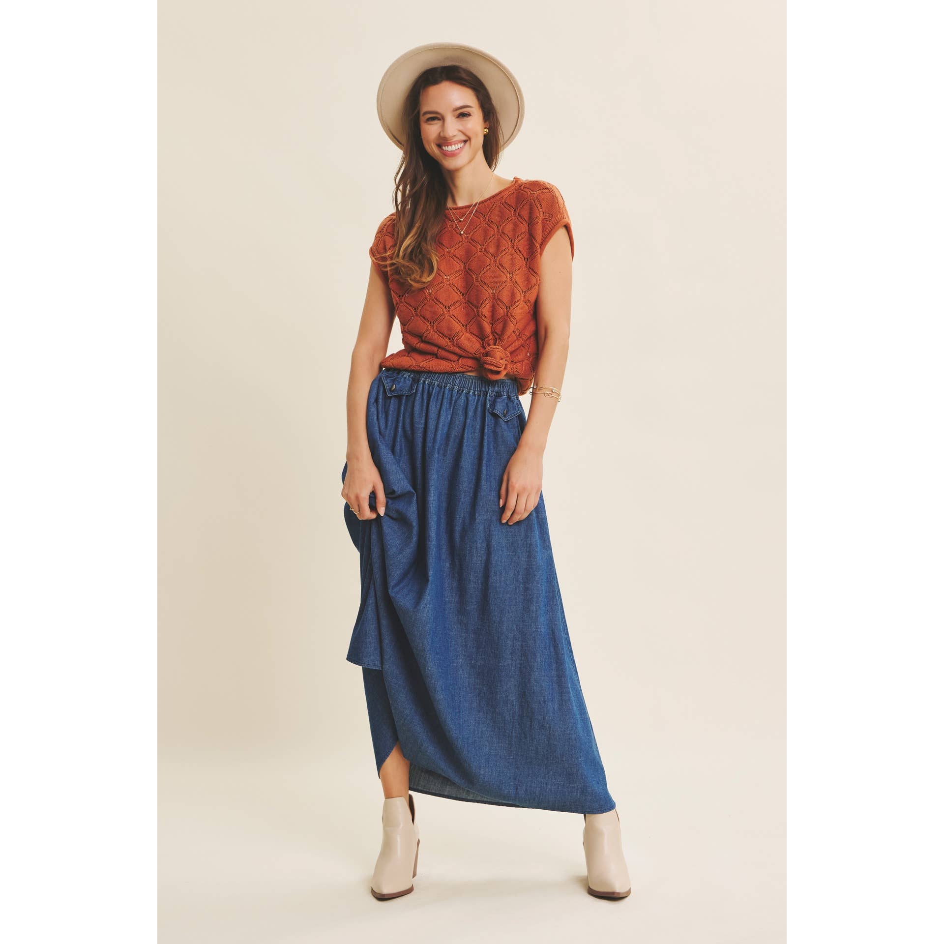 TIMELESS TEXTURED COTTON CABLE KNITTED SWEATER TOP