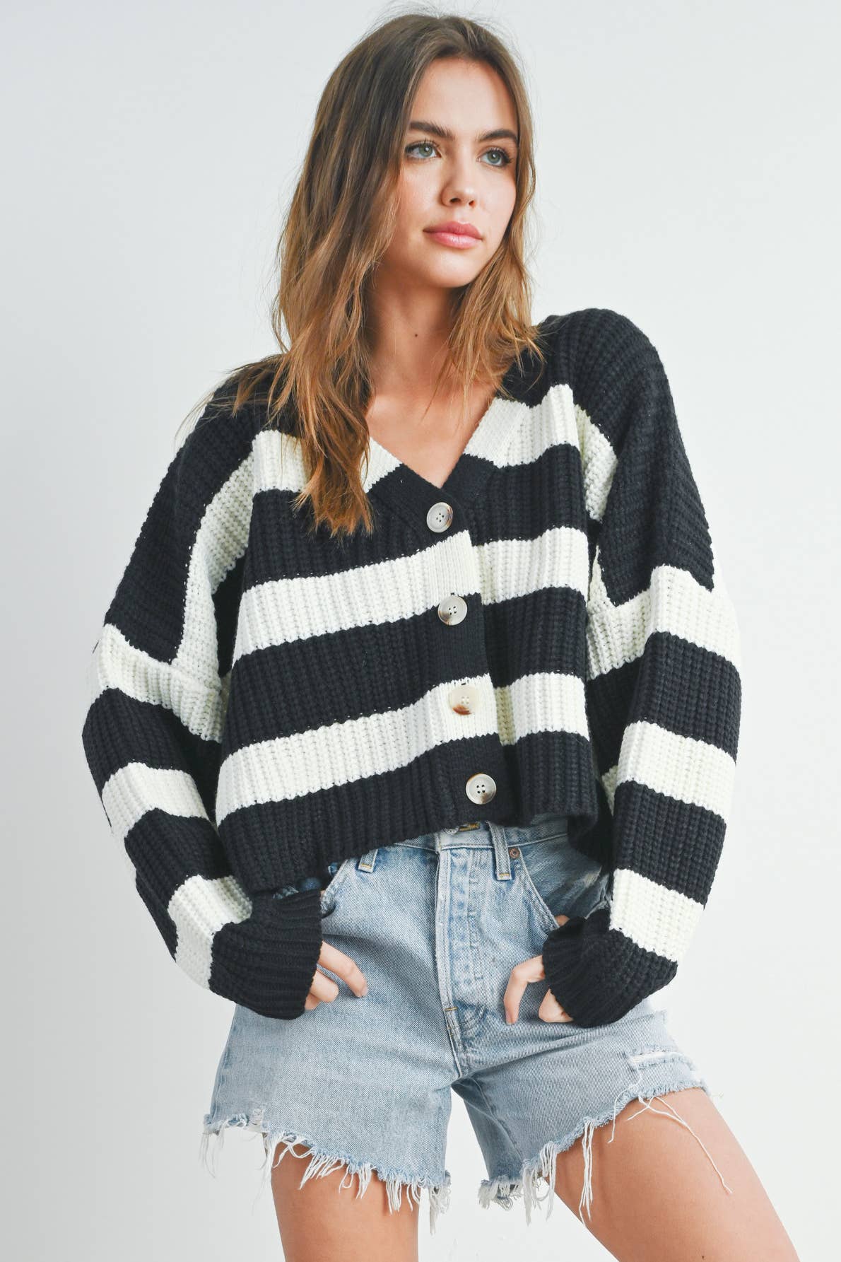 Striped V-Neck Cardigan with Buttons