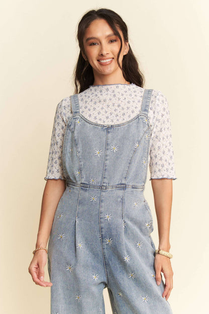 DAISY EMBROIDERED SIDE POCKET DENIM OVERALLS