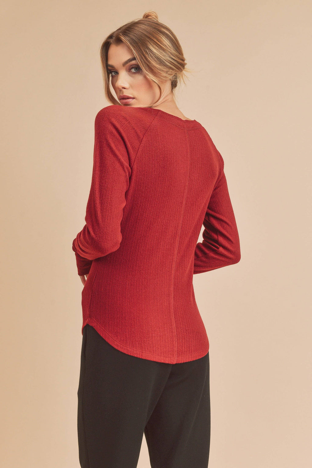 Lori Ribbed Notched V-Neck Top