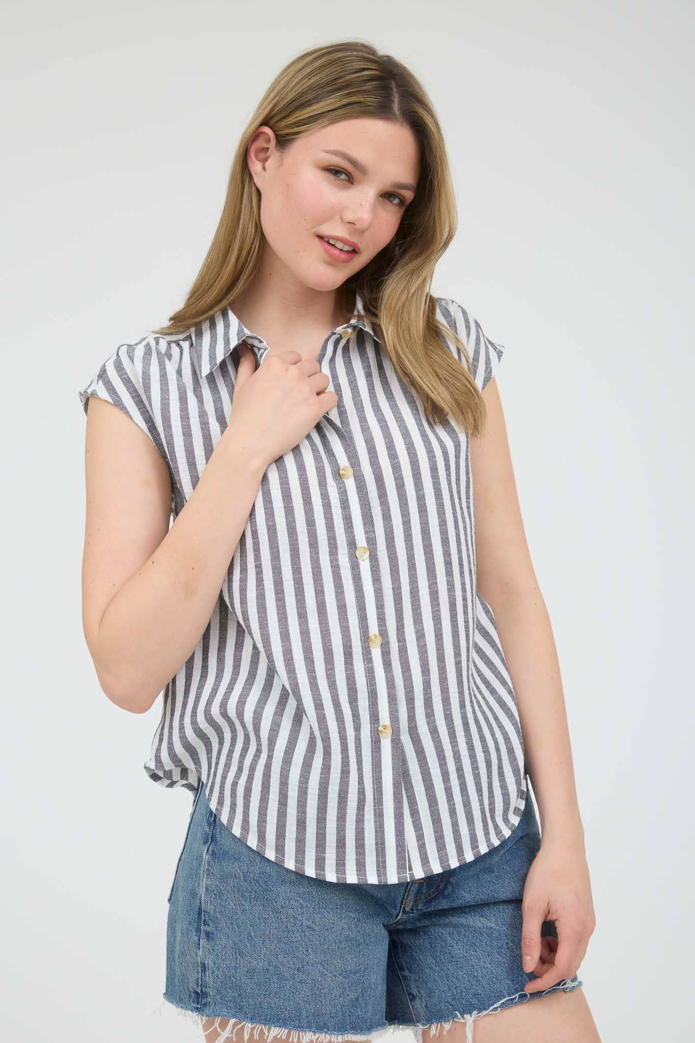 STRIPE COLLARED SHORT SLEEVE BUTTON DOWN SHIRT