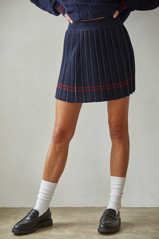 Knit Pleated Mini Skirt With Contrast Striped Hem